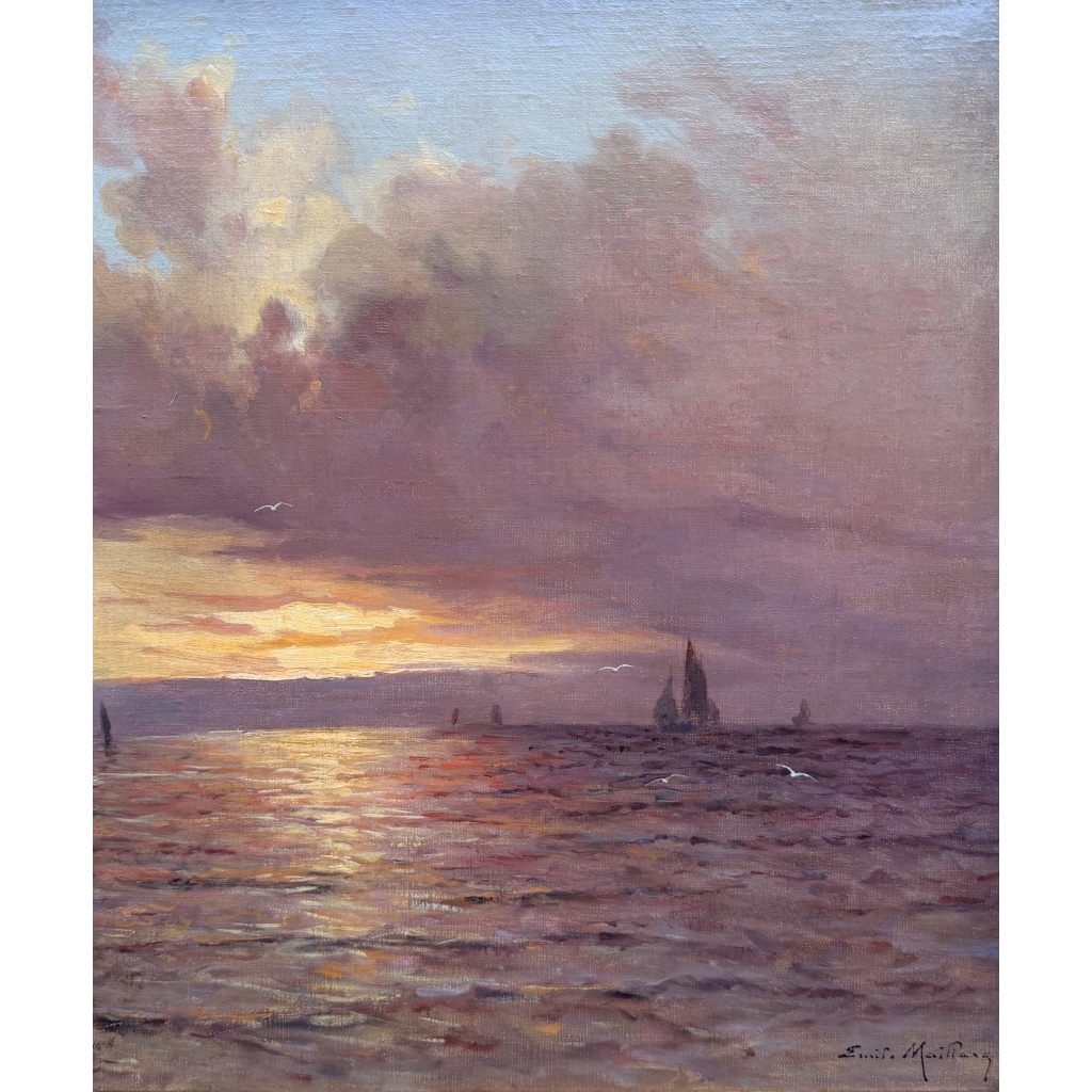 Emile MAILLARD Tableau Français fin 19è Coucher de soleil Huile sur toile signée Certificat d’authenticité. 14