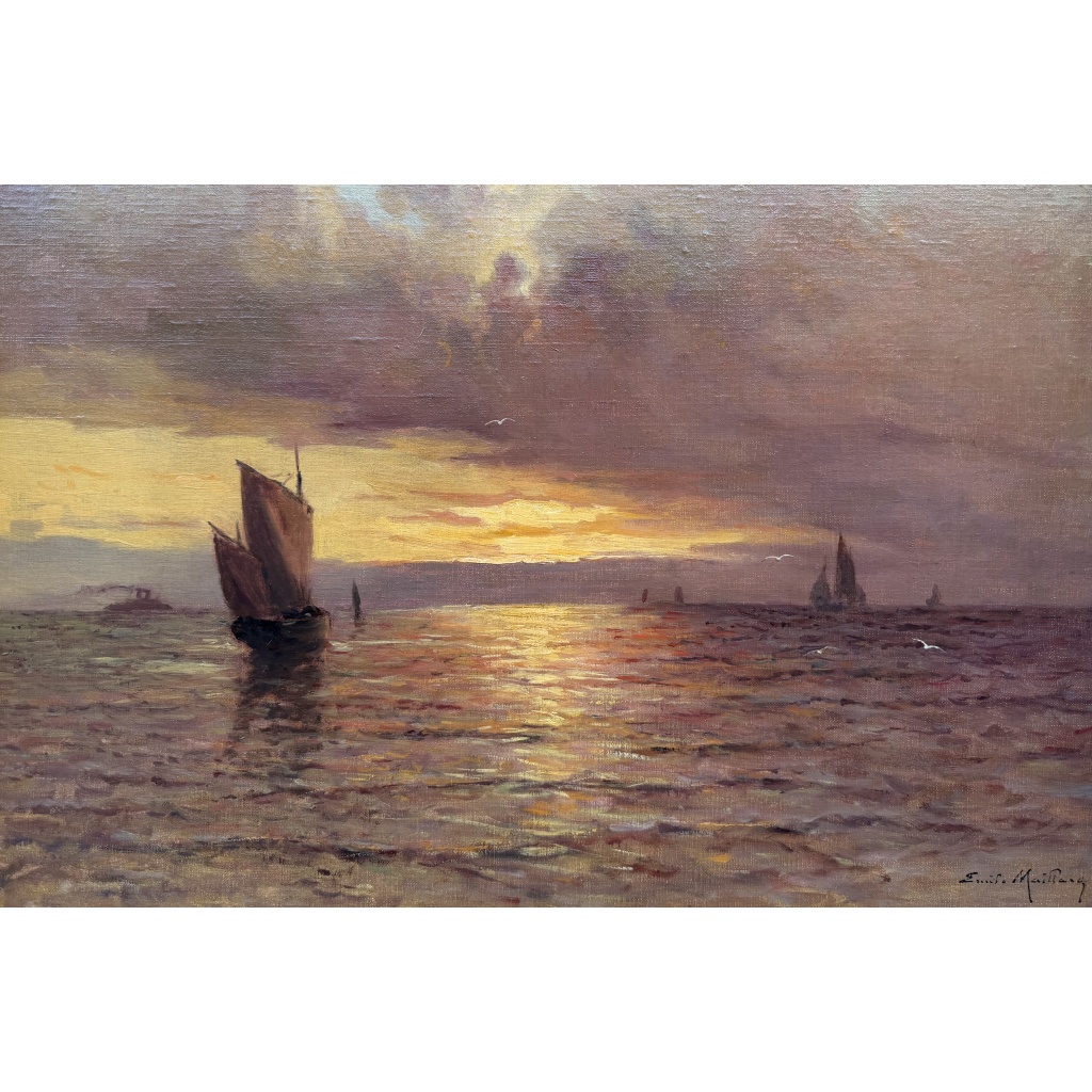 Emile MAILLARD Tableau Français fin 19è Coucher de soleil Huile sur toile signée Certificat d’authenticité. 13