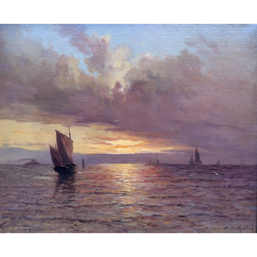 Emile MAILLARD Tableau Français fin 19è Coucher de soleil Huile sur toile signée Certificat d’authenticité. 7