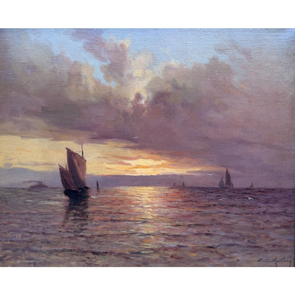 Emile MAILLARD Tableau Français fin 19è Coucher de soleil Huile sur toile signée Certificat d’authenticité. 8