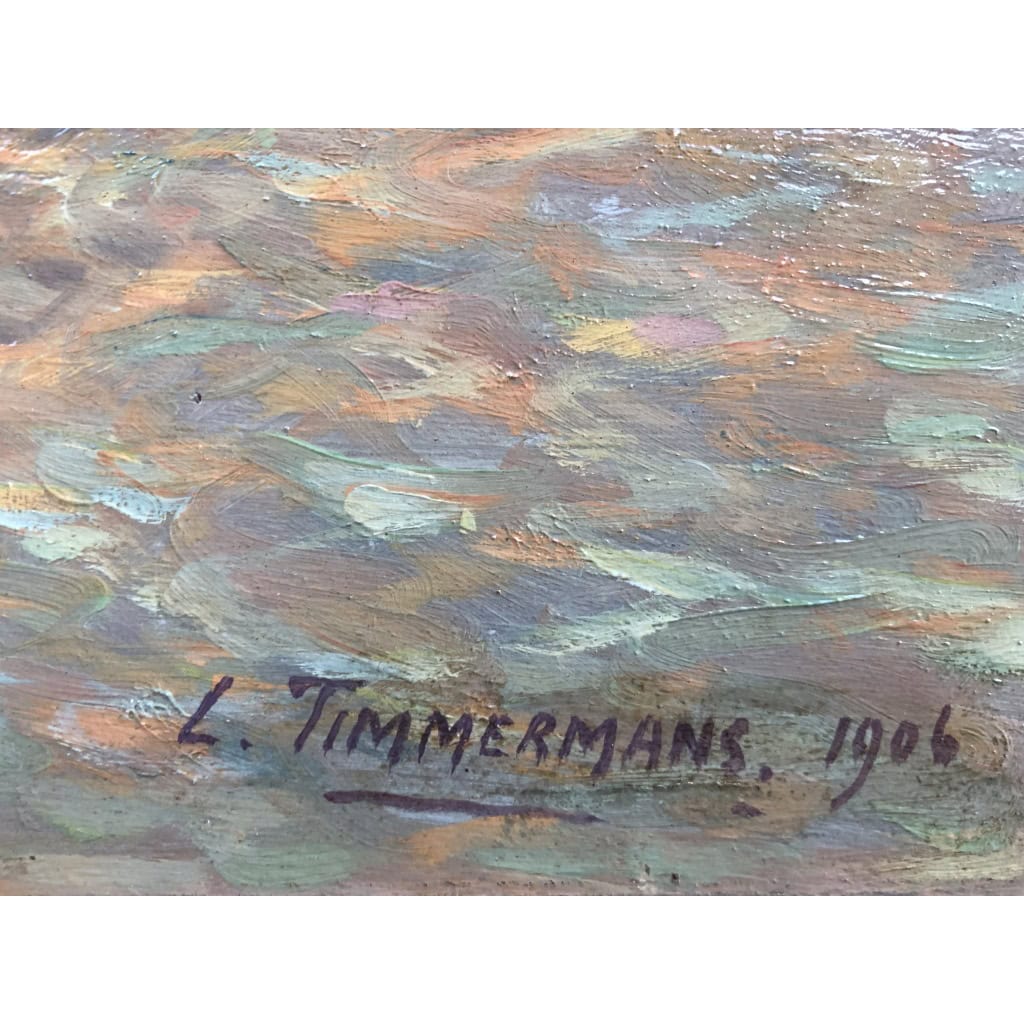 TIMMERMANS Louis Ecole Française début 20è Marine Retour de pêche Huile Sur panneau Signée Datée Certificat d’authenticité 10