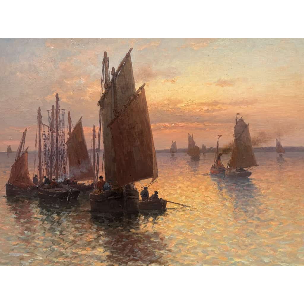 TIMMERMANS Louis Ecole Française début 20è Marine Retour de pêche Huile Sur panneau Signée Datée Certificat d’authenticité 5