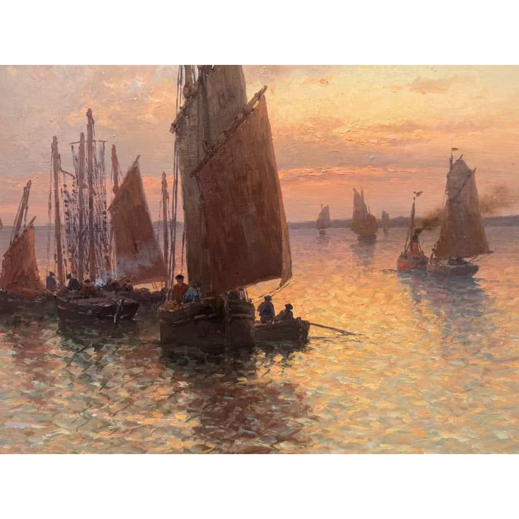 TIMMERMANS Louis Ecole Française début 20è Marine Retour de pêche Huile Sur panneau Signée Datée Certificat d’authenticité 4