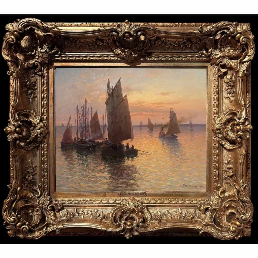 TIMMERMANS Louis Ecole Française début 20è Marine Retour de pêche Huile Sur panneau Signée Datée Certificat d’authenticité 12