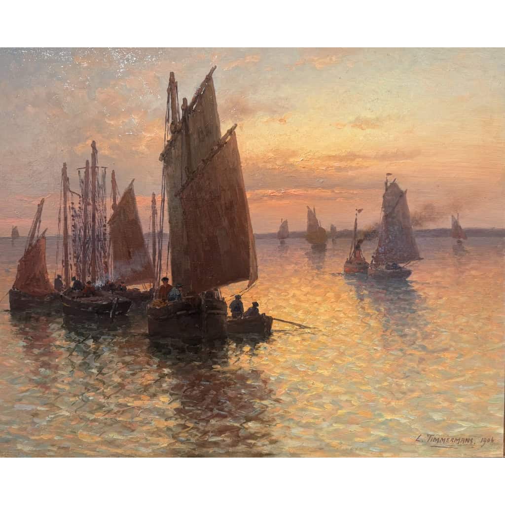 TIMMERMANS Louis Ecole Française début 20è Marine Retour de pêche Huile Sur panneau Signée Datée Certificat d’authenticité 8