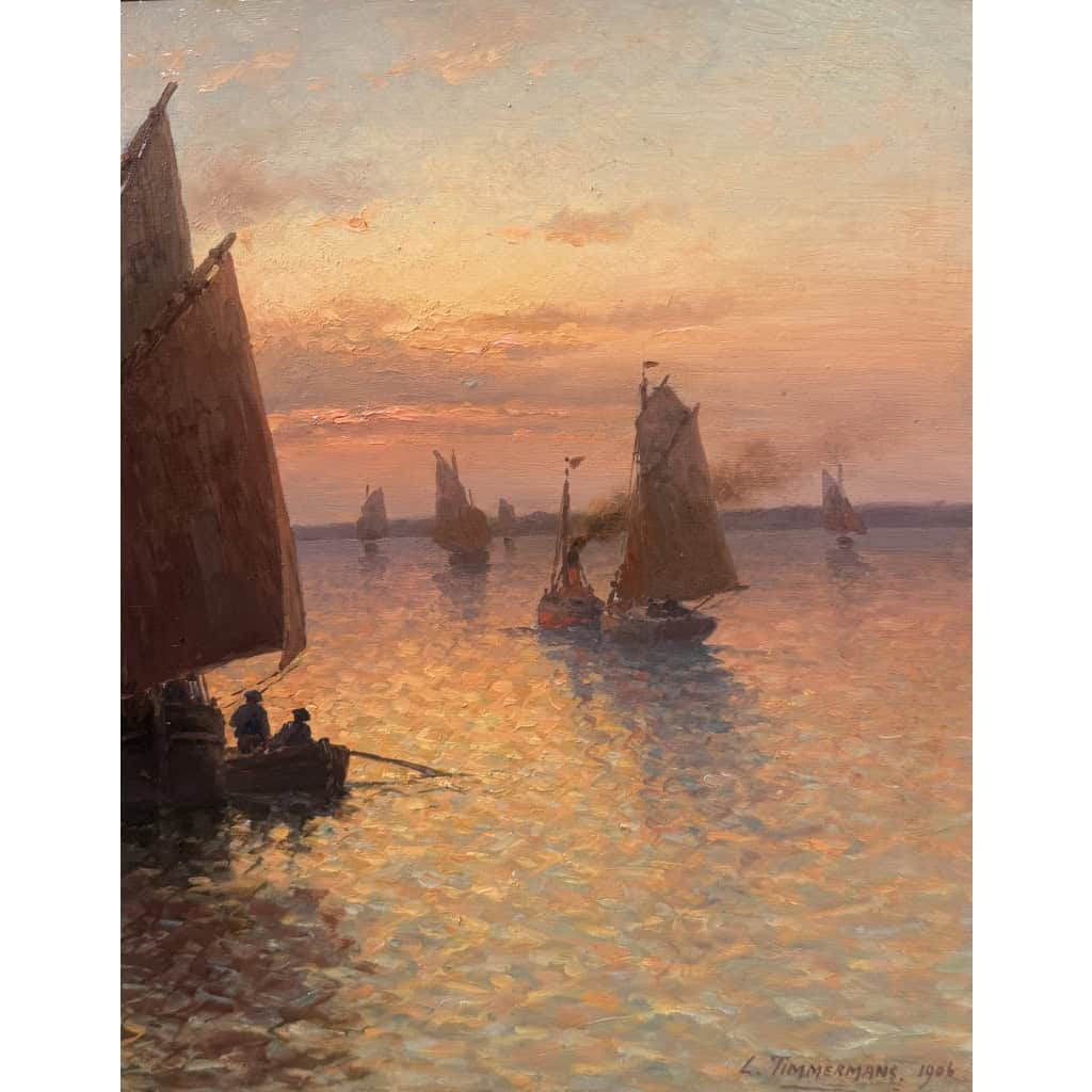TIMMERMANS Louis Ecole Française début 20è Marine Retour de pêche Huile Sur panneau Signée Datée Certificat d’authenticité 14