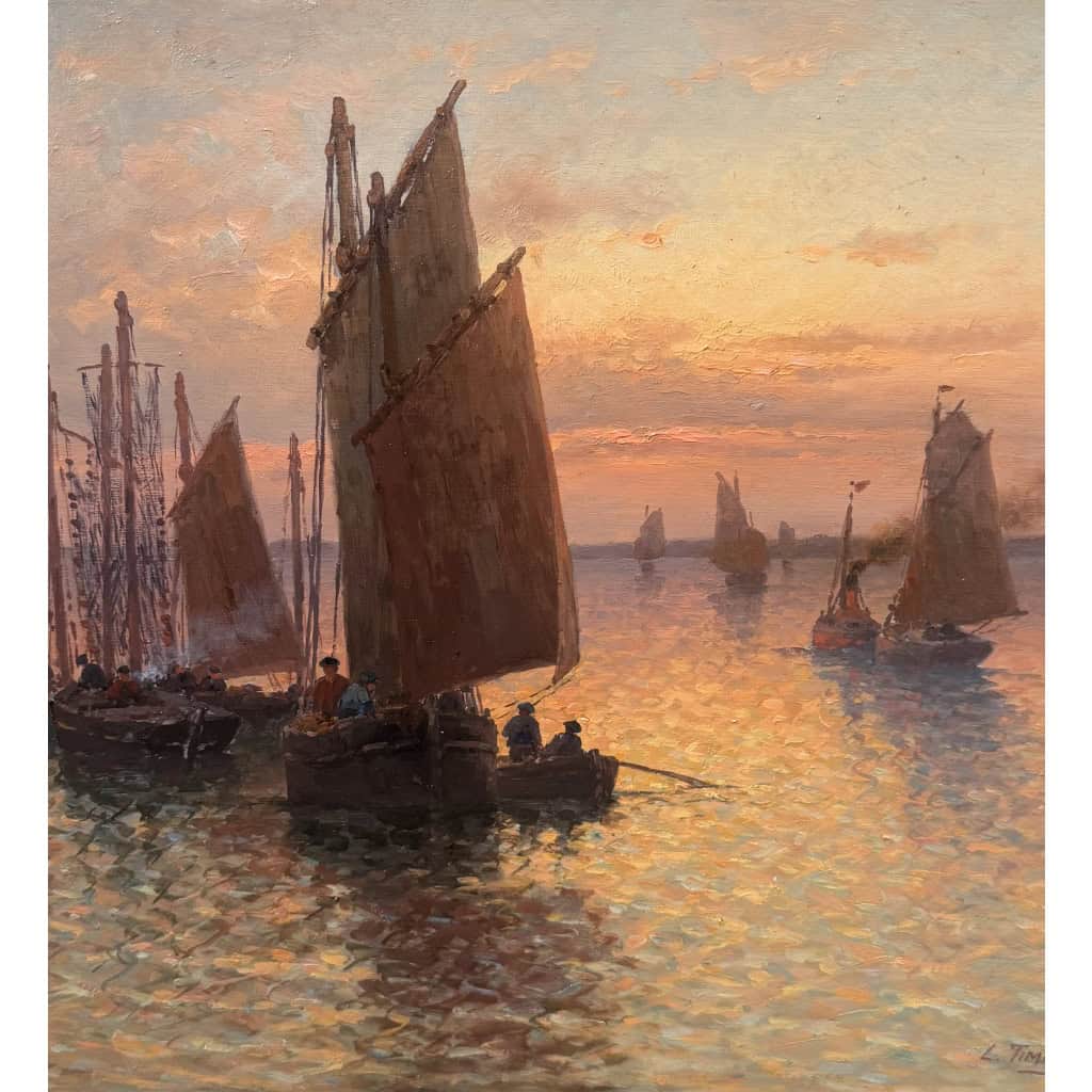 TIMMERMANS Louis Ecole Française début 20è Marine Retour de pêche Huile Sur panneau Signée Datée Certificat d’authenticité 13