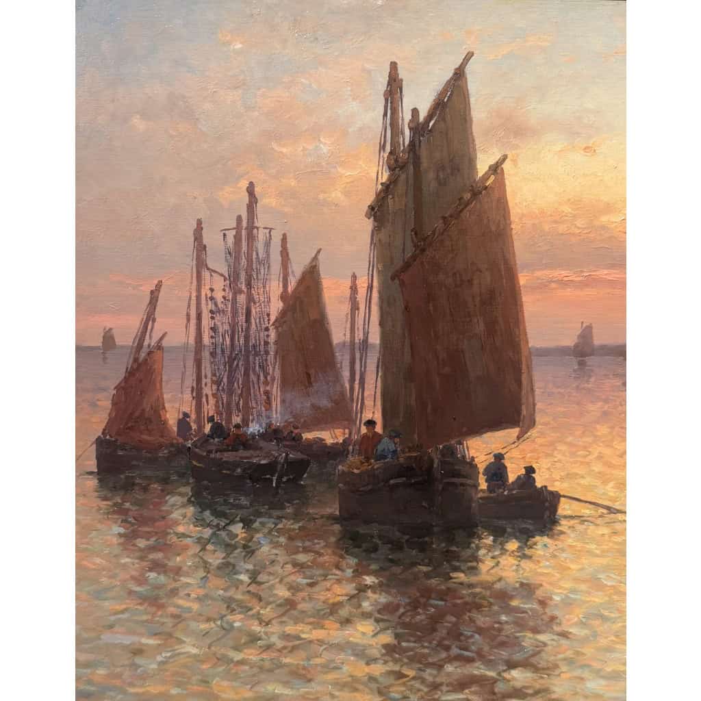 TIMMERMANS Louis Ecole Française début 20è Marine Retour de pêche Huile Sur panneau Signée Datée Certificat d’authenticité 7