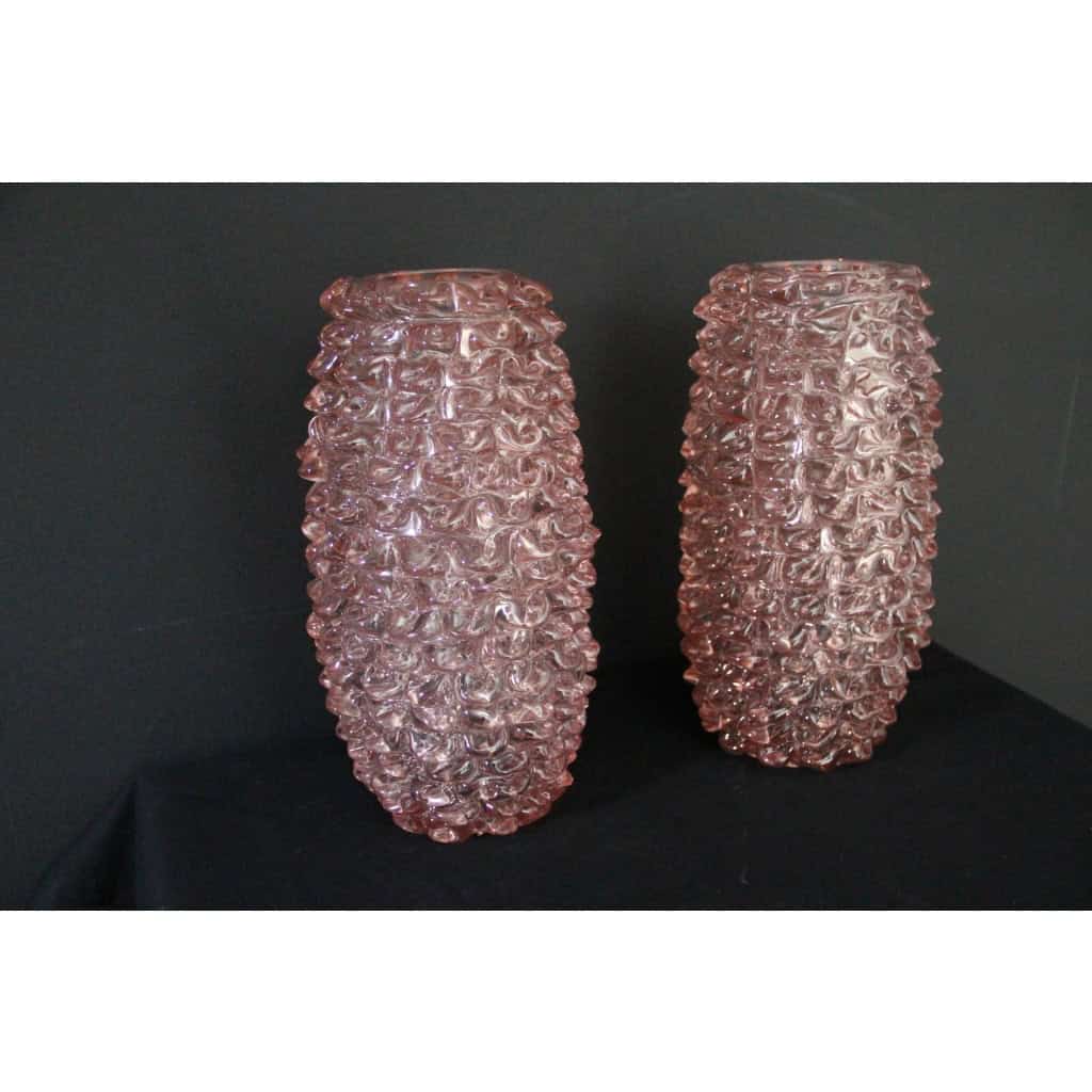 Paire de grands vases roses en verre de Murano rostrato de style Barovier 4