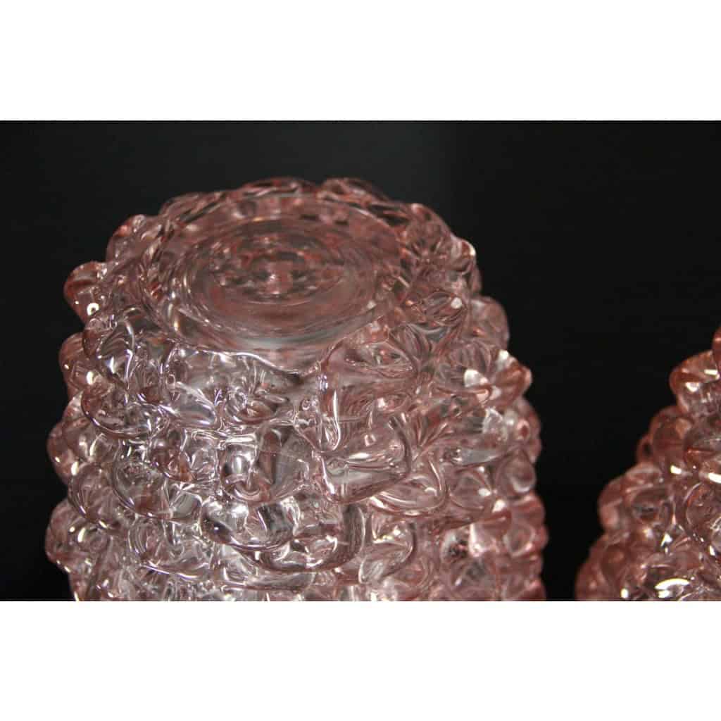 Paire de grands vases roses en verre de Murano rostrato de style Barovier 14
