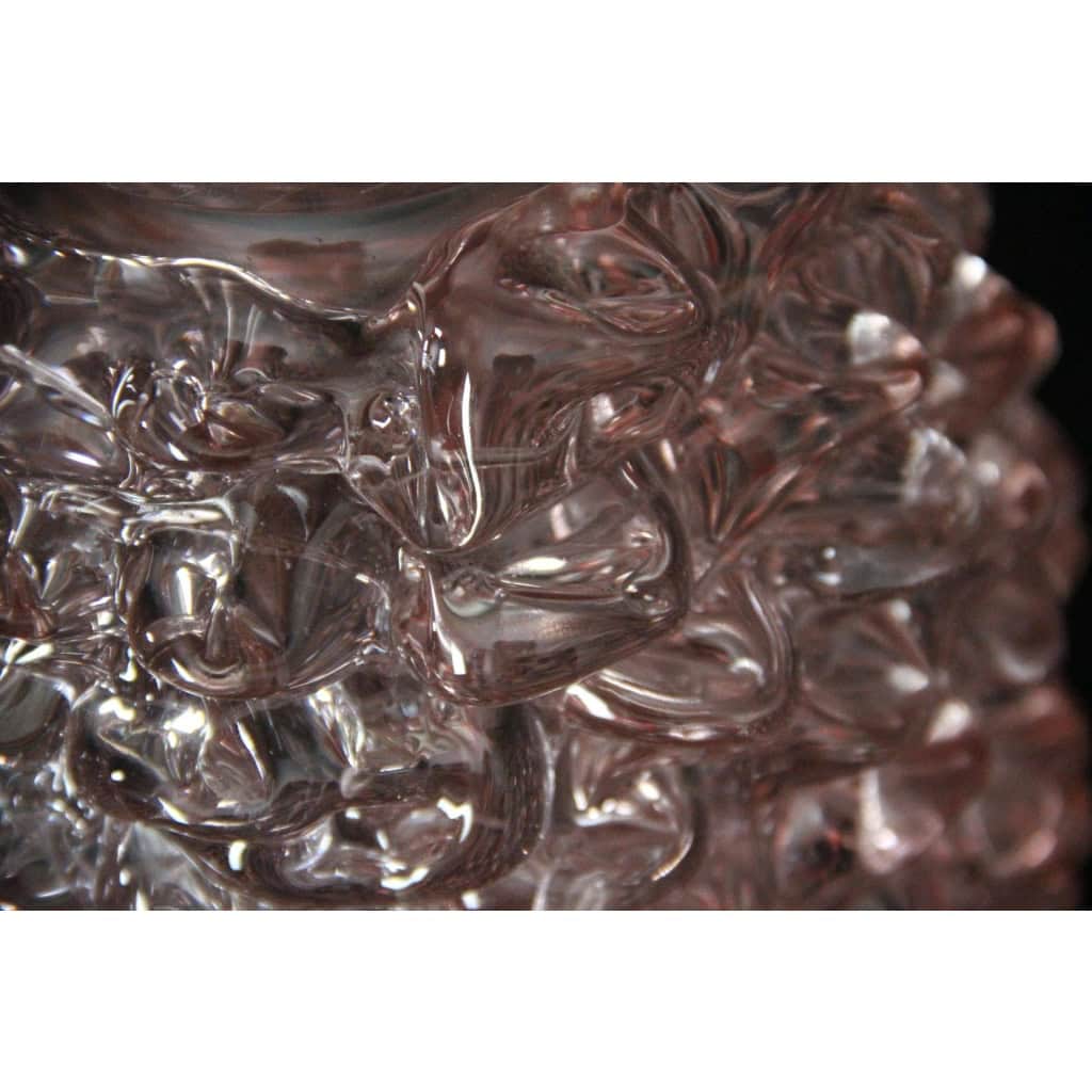 Paire de grands vases roses en verre de Murano rostrato de style Barovier 15