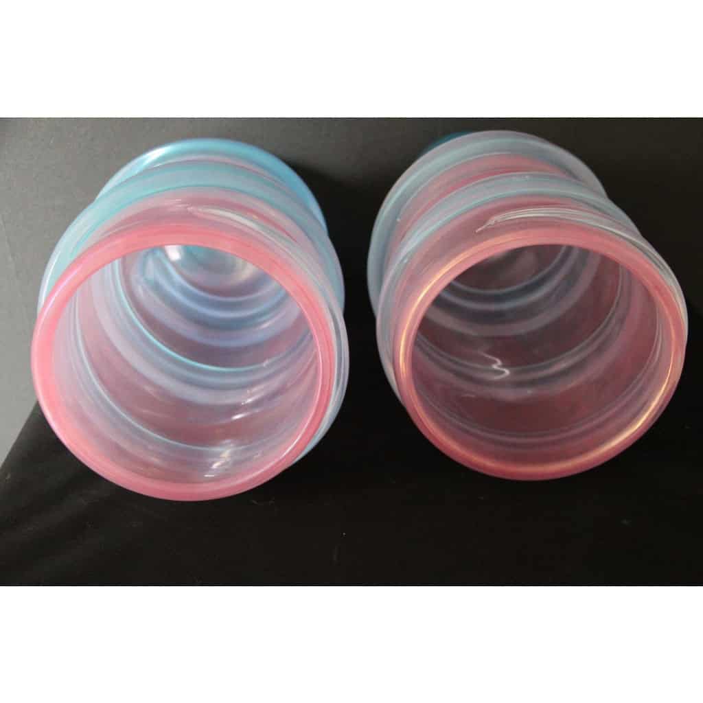 Paire de grands vases rose et turquoises irisés en verre de Murano 15
