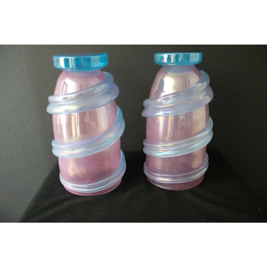 Paire de grands vases rose et turquoises irisés en verre de Murano 20