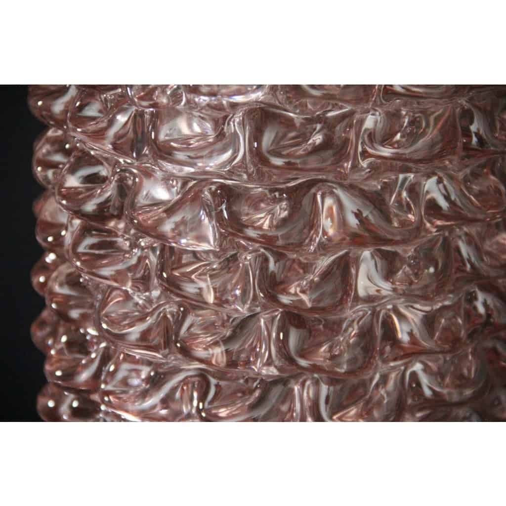 Paire de grands vases roses en verre de Murano rostrato de style Barovier 6