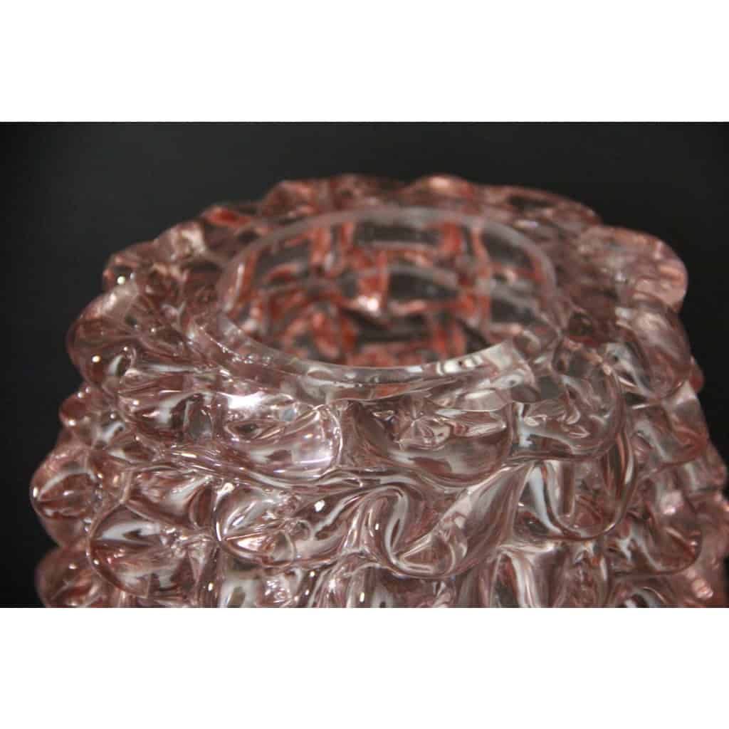 Paire de grands vases roses en verre de Murano rostrato de style Barovier 7