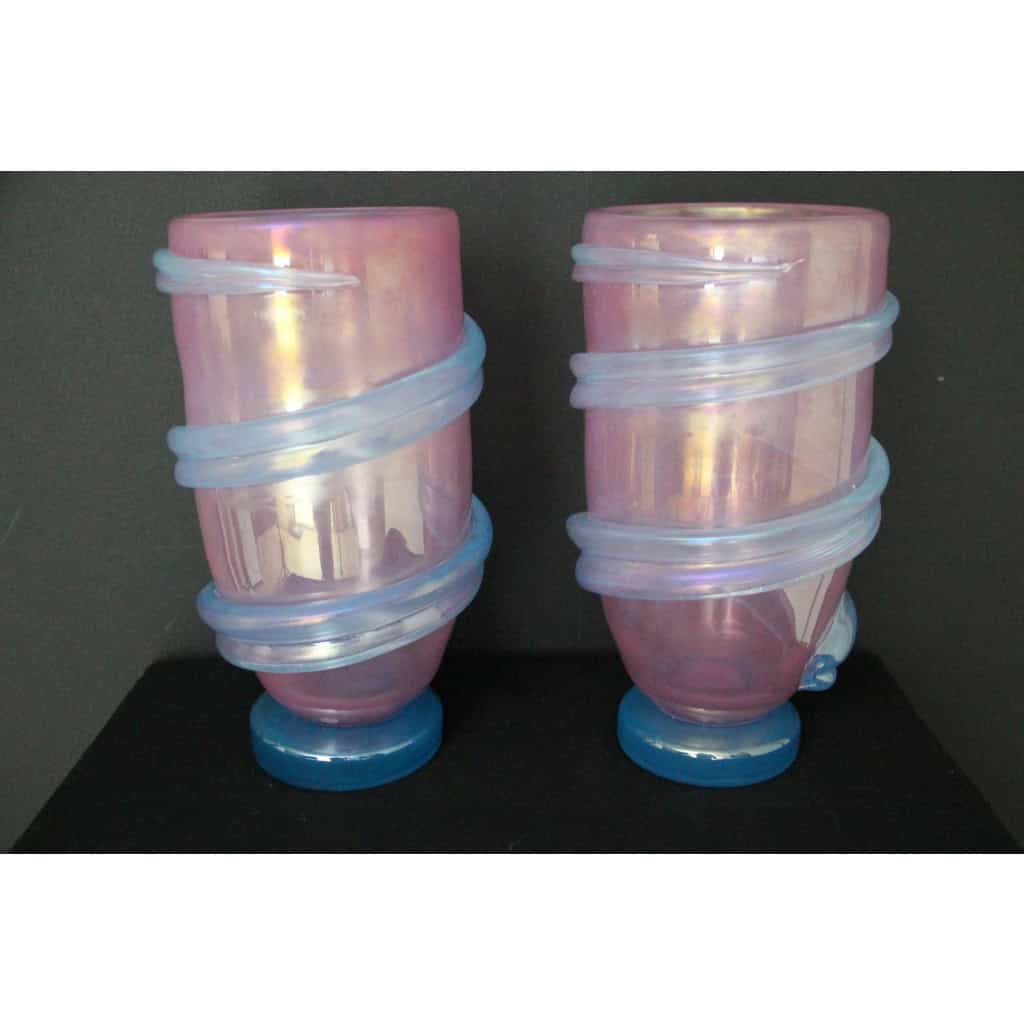 Paire de grands vases rose et turquoises irisés en verre de Murano 7