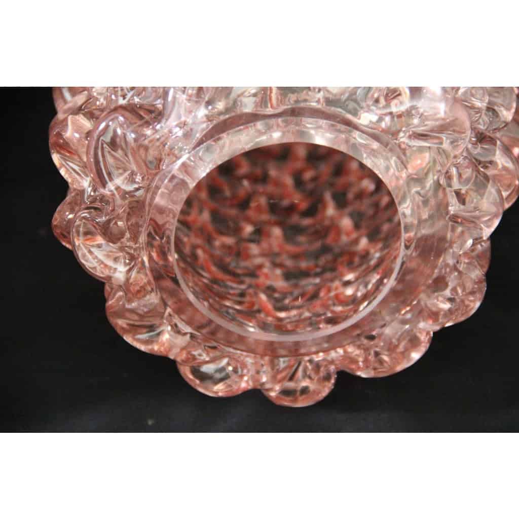 Paire de grands vases roses en verre de Murano rostrato de style Barovier 9