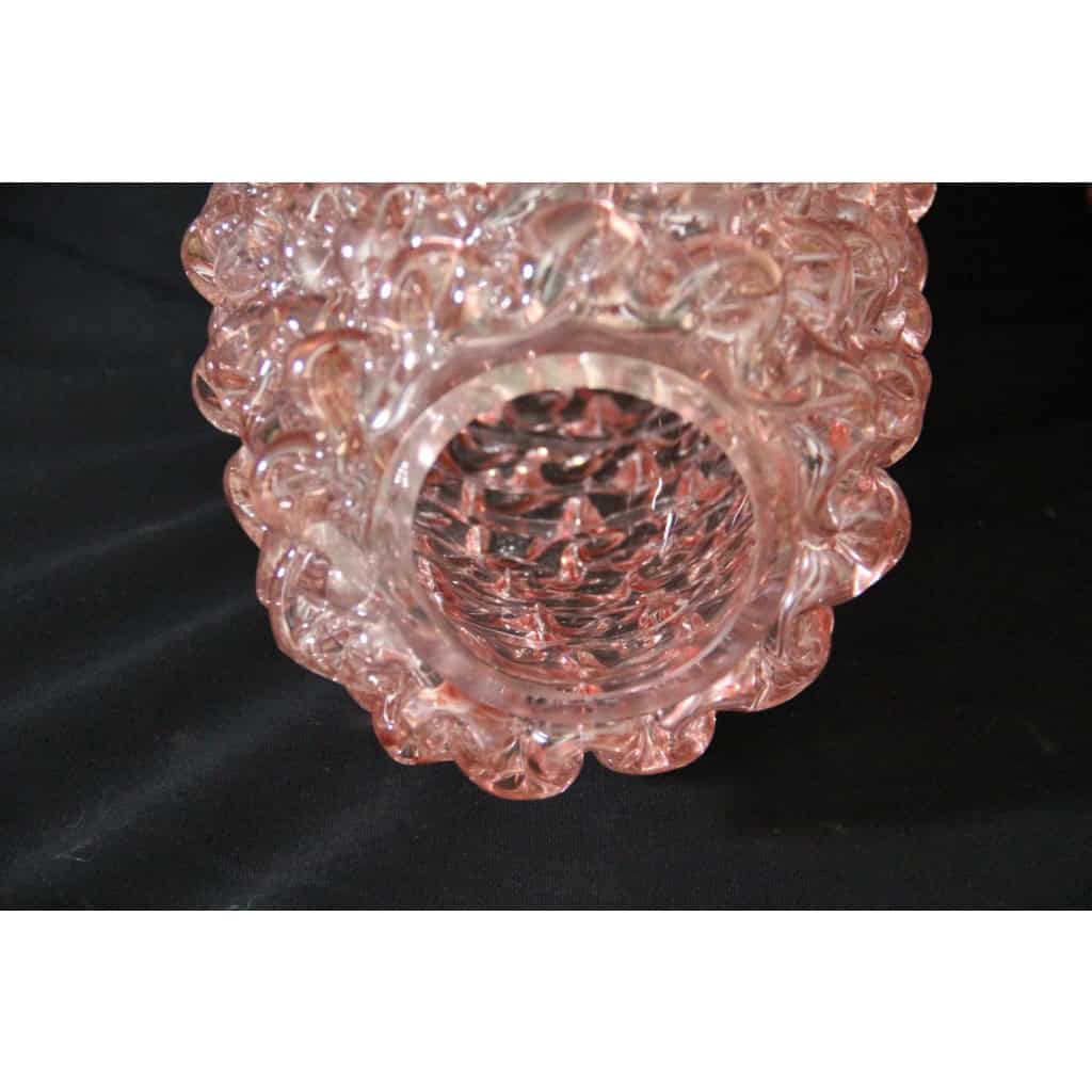 Paire de grands vases roses en verre de Murano rostrato de style Barovier 10