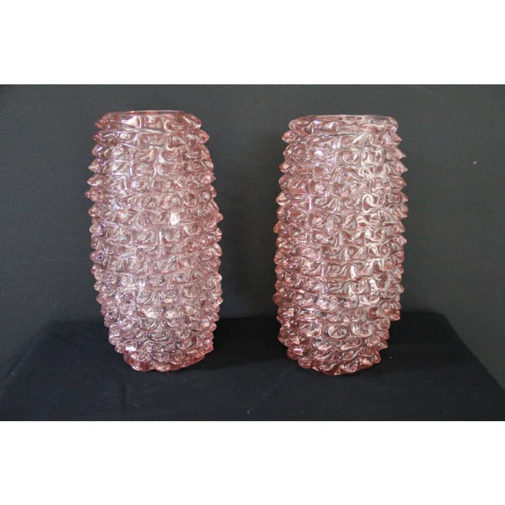 Paire de grands vases roses en verre de Murano rostrato de style Barovier 3