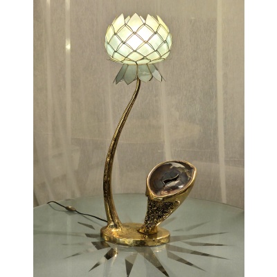 Lampe Sculpture Lotus, Bronze, Agate et Nacre, 1970s 3