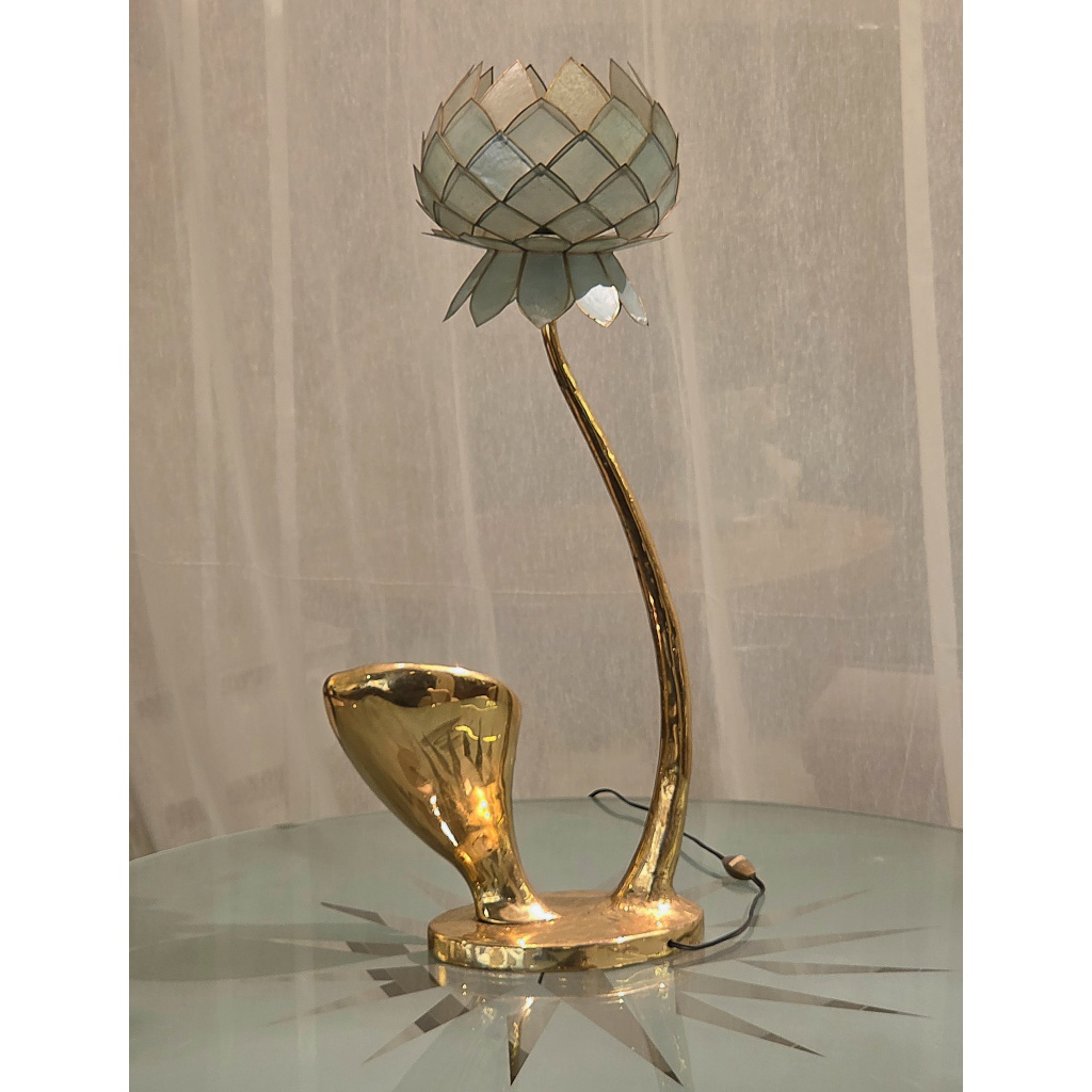 Lampe Sculpture Lotus, Bronze, Agate et Nacre, 1970s 6
