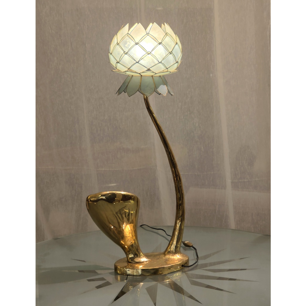 Lampe Sculpture Lotus, Bronze, Agate et Nacre, 1970s 4