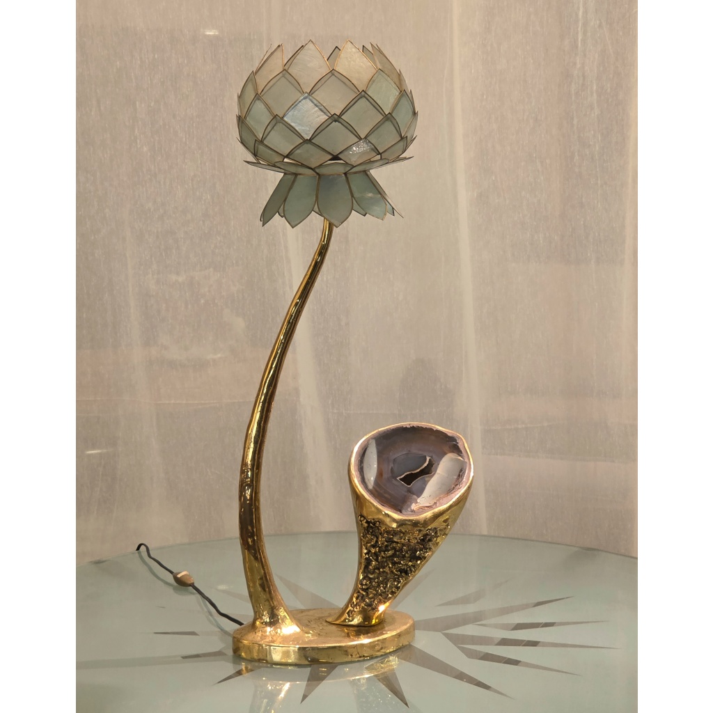 Lampe Sculpture Lotus, Bronze, Agate et Nacre, 1970s 5