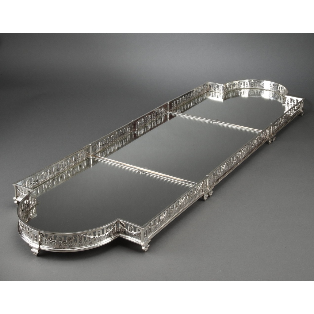 Orfèvre QUEILLE – Surtout de table à galerie, 3 parties argent massif XIXe 6