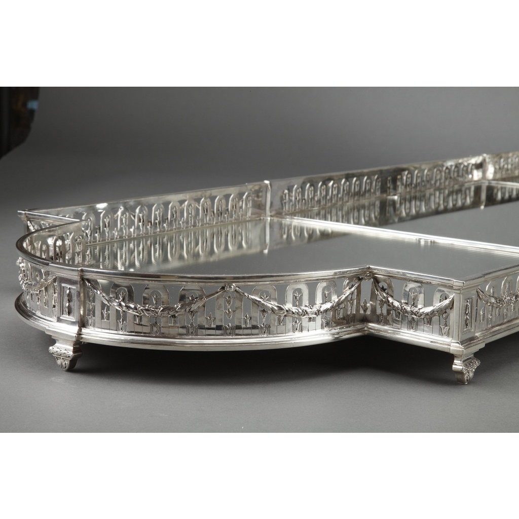 Orfèvre QUEILLE – Surtout de table à galerie, 3 parties argent massif XIXe 9