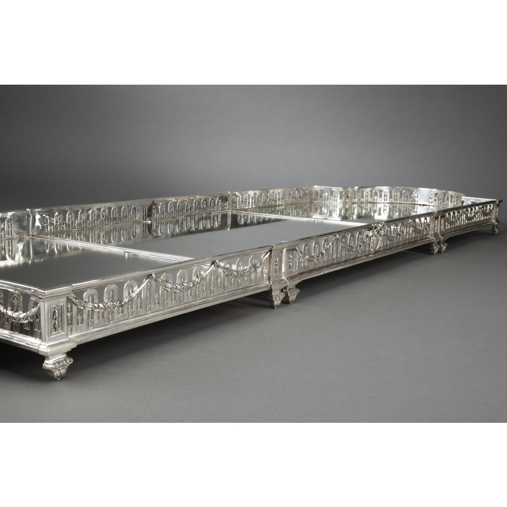 Orfèvre QUEILLE – Surtout de table à galerie, 3 parties argent massif XIXe 10