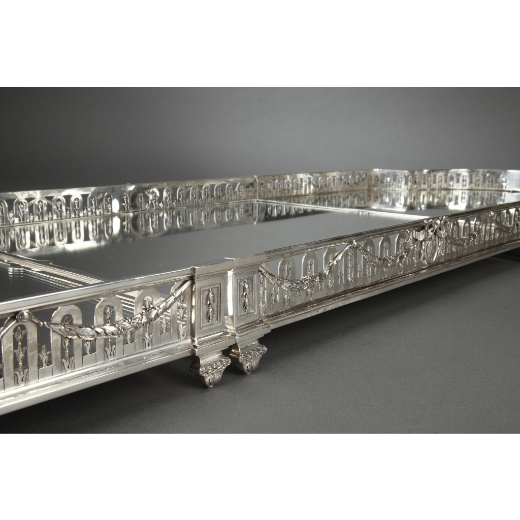 Orfèvre QUEILLE – Surtout de table à galerie, 3 parties argent massif XIXe 13