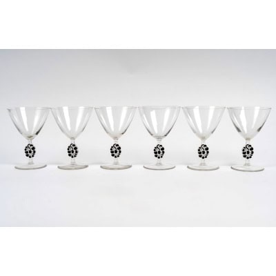 1924 René Lalique – 6 Coupes à Champagne Thionville Verre Blanc Emaillé Noir