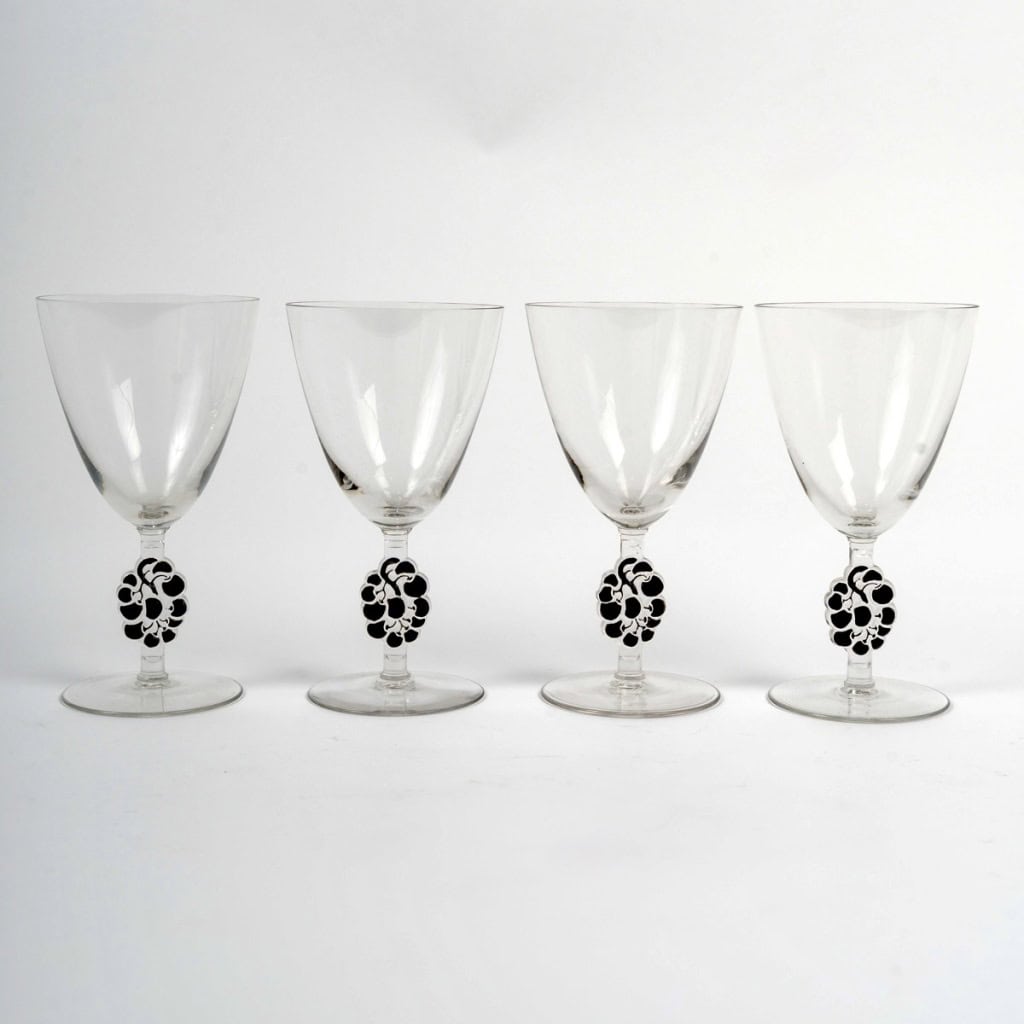 1924 René Lalique – 4 verres à Eau Thionville Verre Blanc Emaillé Noir 3