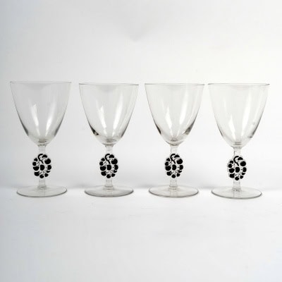 1924 René Lalique – 4 verres à Eau Thionville Verre Blanc Emaillé Noir