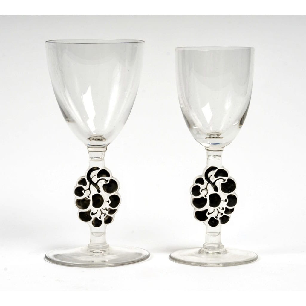 1924 René Lalique – 14 Verres Thionville Verre Blanc Emaillé Noir 4