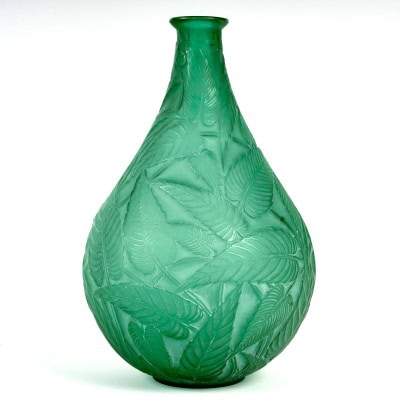 1923 René Lalique – Vase Sauges Verre Vert Patiné Blanc