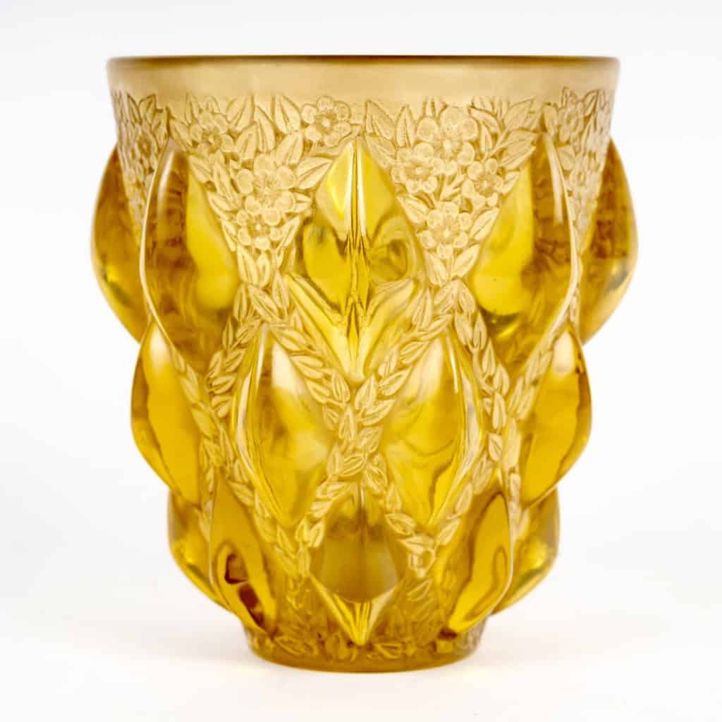 1927 René Lalique – Vase Rampillon Verre Jaune Ambré Patiné Sépia 4