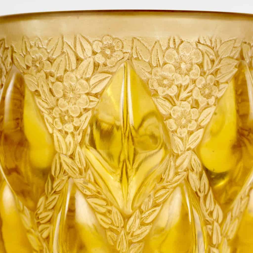 1927 René Lalique – Vase Rampillon Verre Jaune Ambré Patiné Sépia 6