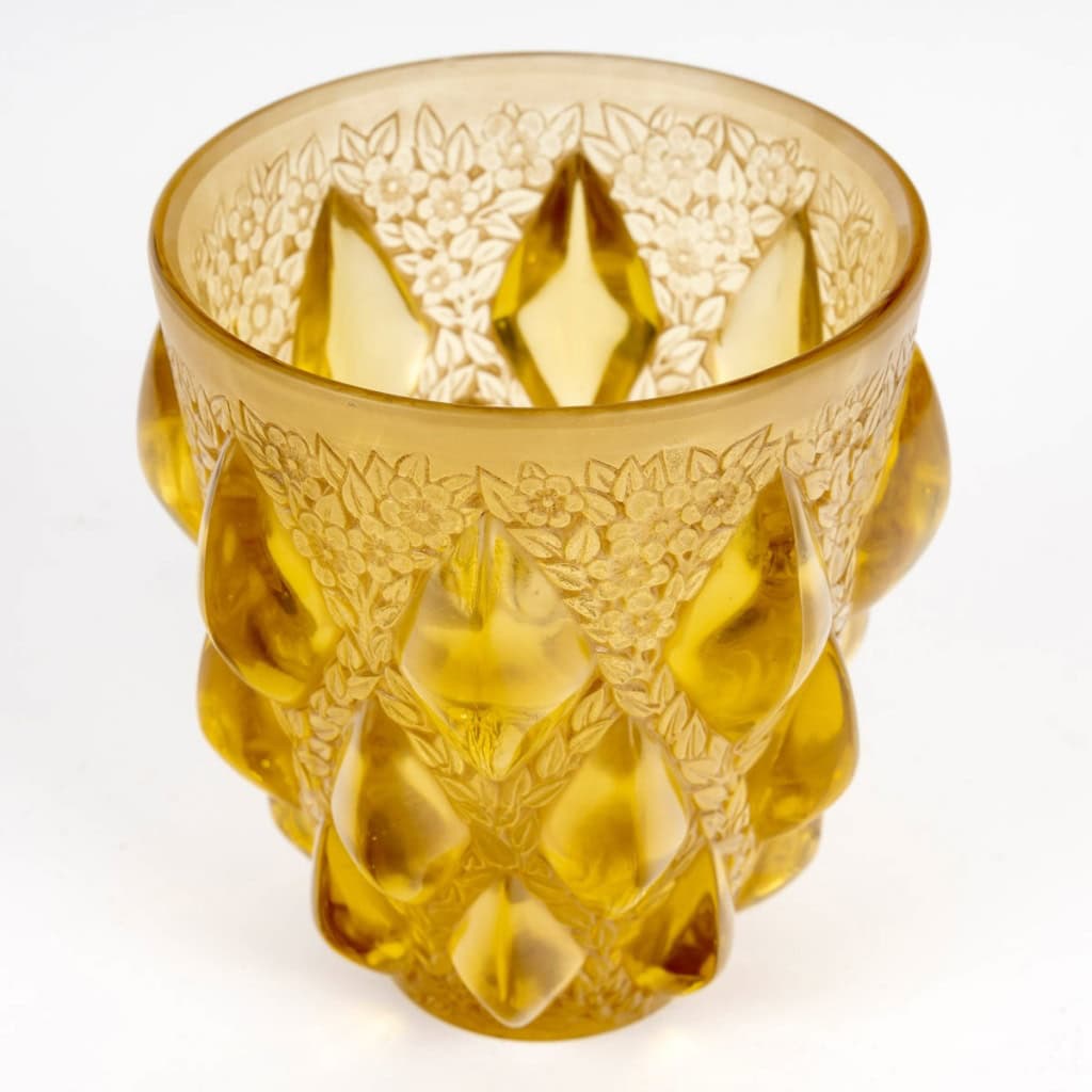1927 René Lalique – Vase Rampillon Verre Jaune Ambré Patiné Sépia 5