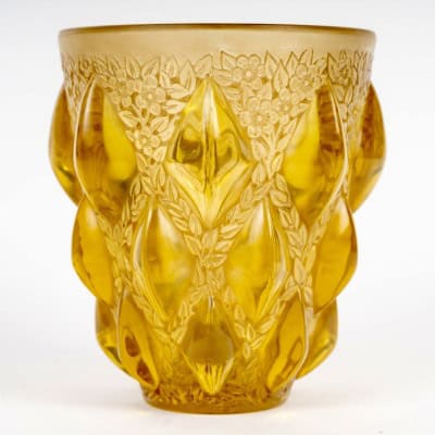 1927 René Lalique – Vase Rampillon Verre Jaune Ambré Patiné Sépia