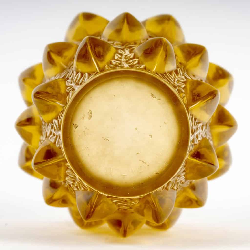 1927 René Lalique – Vase Rampillon Verre Jaune Ambré Patiné Sépia 7