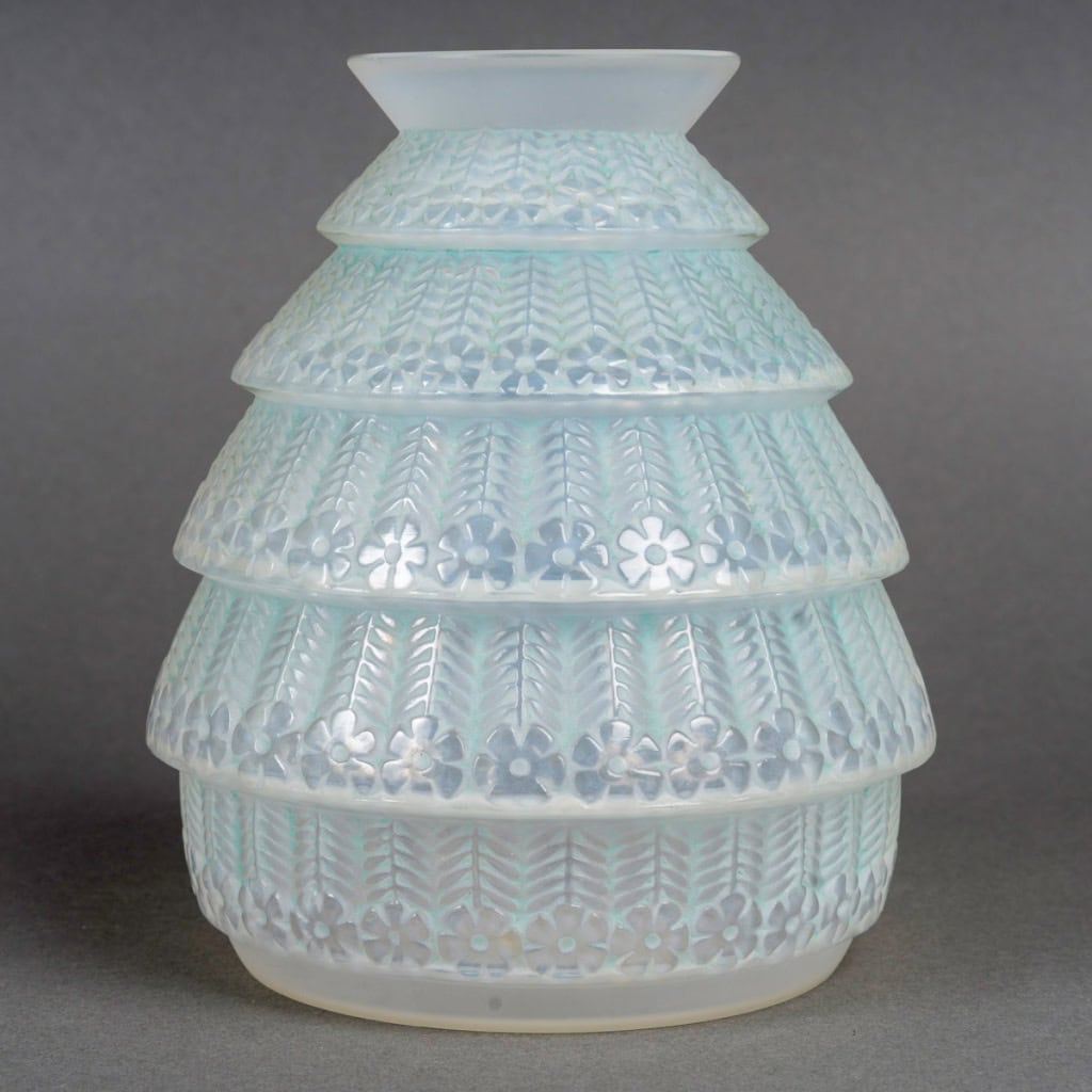 1929 René Lalique – Vase Ferrières Verre Opalescent Patiné Vert 4