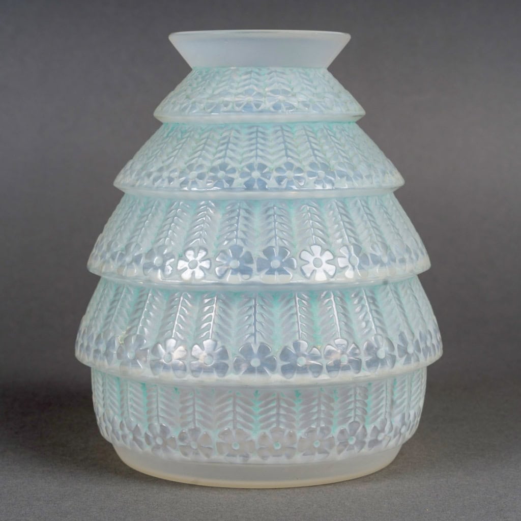 1929 René Lalique – Vase Ferrières Verre Opalescent Patiné Vert 3