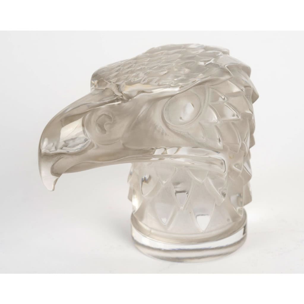 1928 René Lalique – Mascotte Automobile Tête d&rsquo;Aigle Verre Blanc Patiné Gris 4