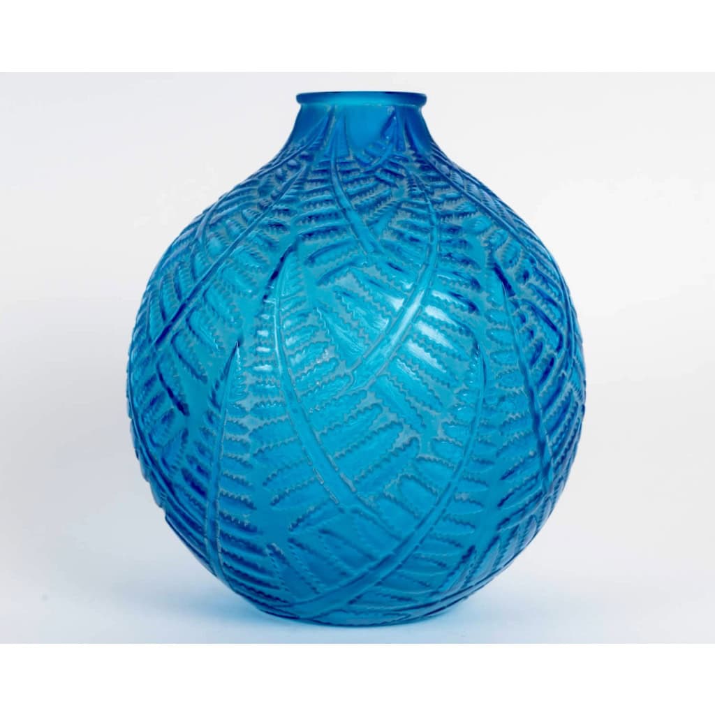 1926 René Lalique – Vase Espalion Verre Bleu Electrique Patiné Blanc 4