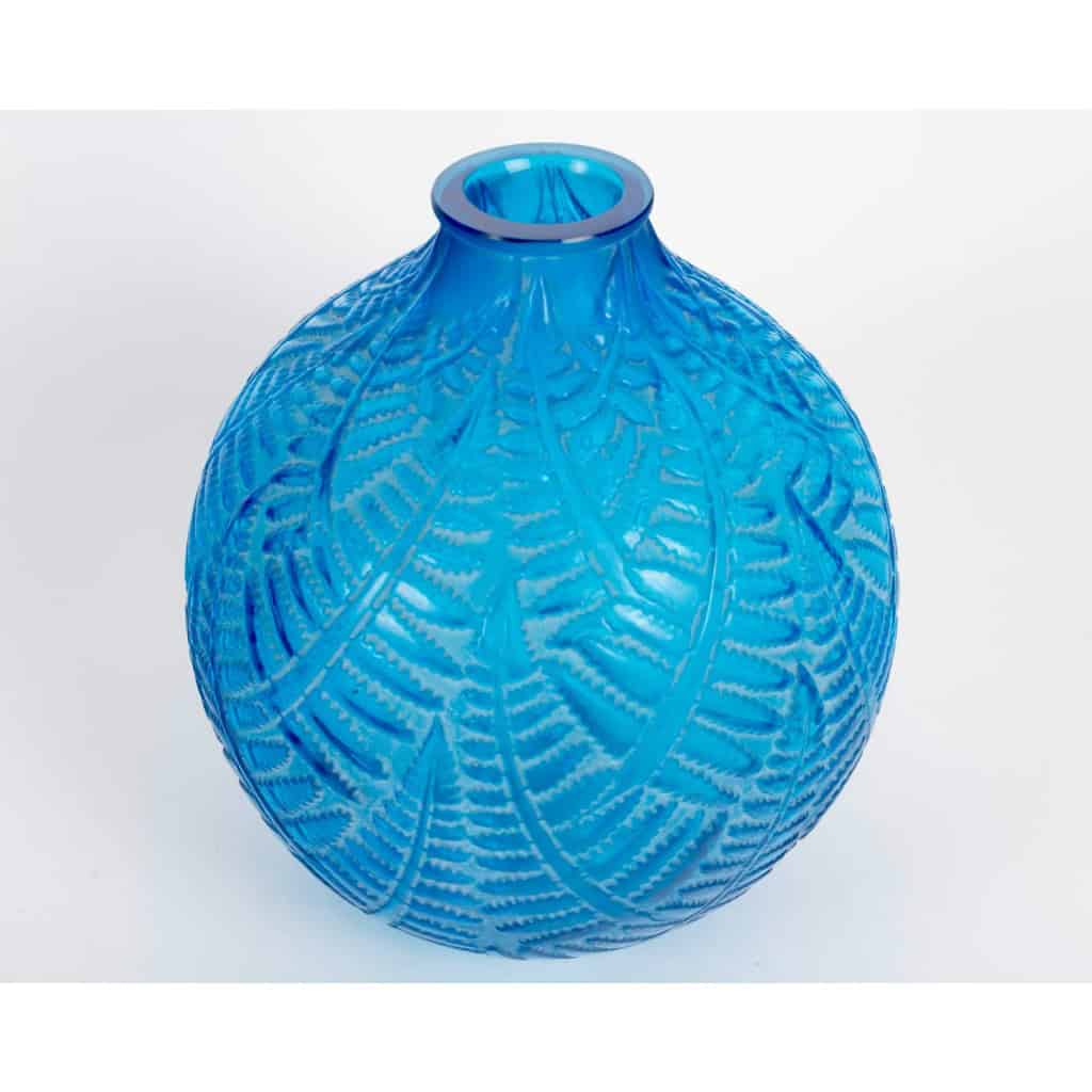 1926 René Lalique – Vase Espalion Verre Bleu Electrique Patiné Blanc 5