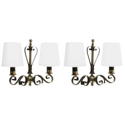 1970 Paire d’appliques murales en fer forgé et laiton Maison Roche