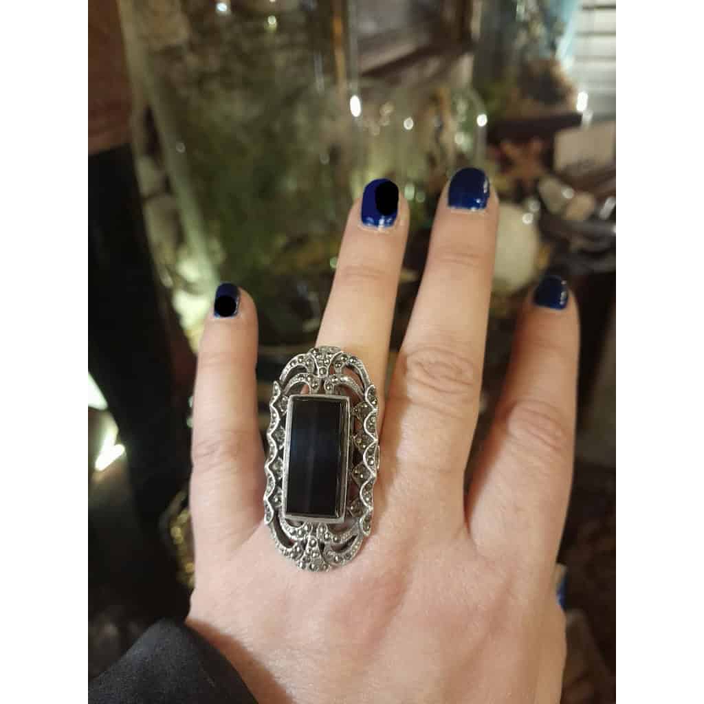 Grande bague art déco, argent 925, onyx et marcassite 4 Grande bague art déco, argent 925, onyx et marcassite 4