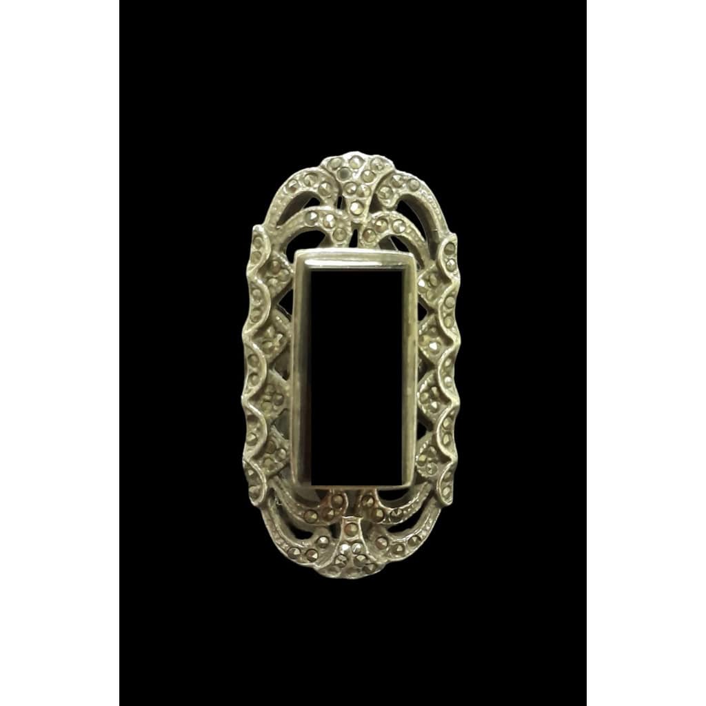 Grande bague art déco, argent 925, onyx et marcassite 3 Grande bague art déco, argent 925, onyx et marcassite 3