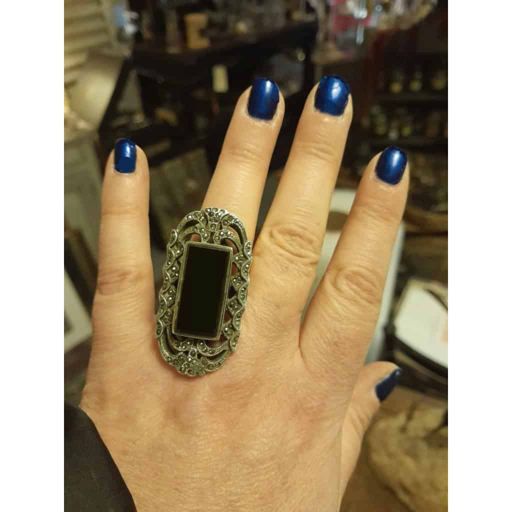 Grande bague art déco, argent 925, onyx et marcassite 10 Grande bague art déco, argent 925, onyx et marcassite 10